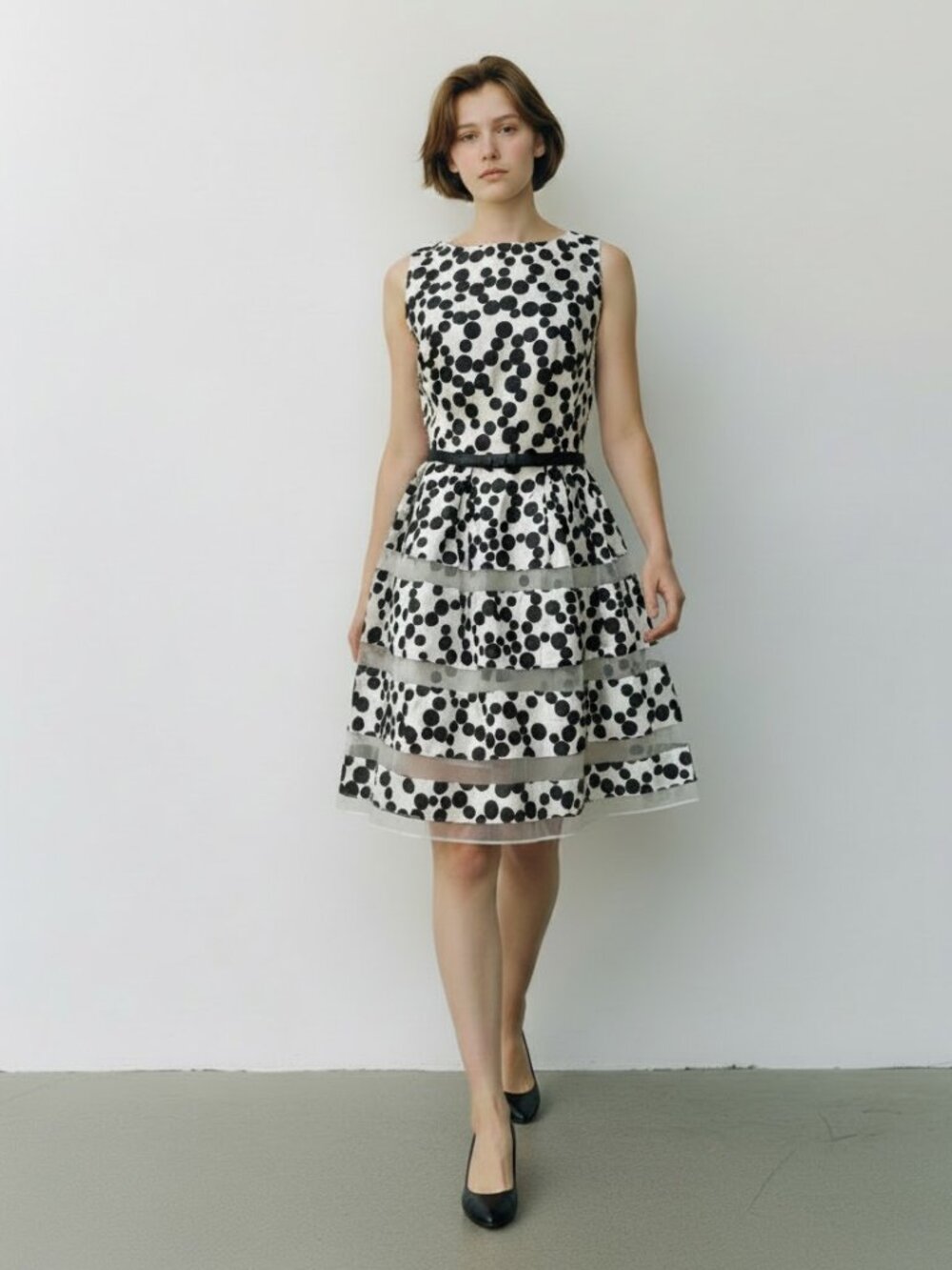 Taylor Taffeta Fit-and-Flare Dress, Cream & Black Polka Dot 6